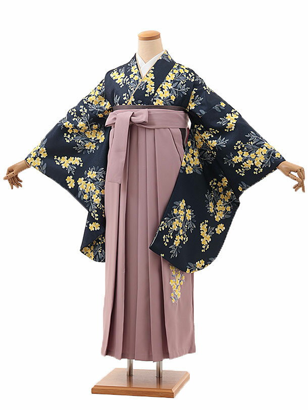 卒業式 袴 レンタル 女 女性 レンタル 卒業袴レンタル V611 紺地ミモザ×ピンクパープル 着物 レンタル 二尺袖 着物 袴 フルセット 女性 大人 大学生 専門学生 卒業式 謝恩会 新品足袋プレゼント 往復送料無料【レンタル】
