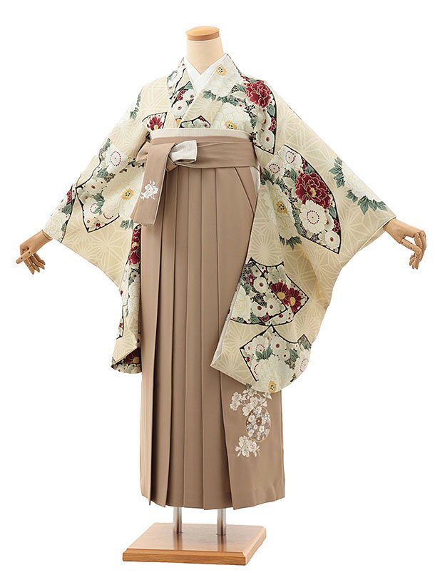 卒業式 袴 レンタル 女 女性 レンタル 卒業袴レンタル V665　九重 ベージュ牡丹花扇×モカブラウン 着物 レンタル 二尺袖 着物 袴 フルセット 女性 大人 大学生 専門学生 卒業式 謝恩会 新品足袋プレゼント 往復送料無料【レンタル】