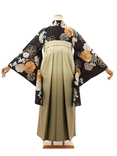 卒業袴レンタル 卒業袴T072 黒鞠花×抹茶ぼかし 卒業式 袴 レンタル 女性 二尺袖 着物 フルセット 大人 大学生 専門学生 謝恩会 新品足袋プレゼント 往復送料無料【レンタル】
