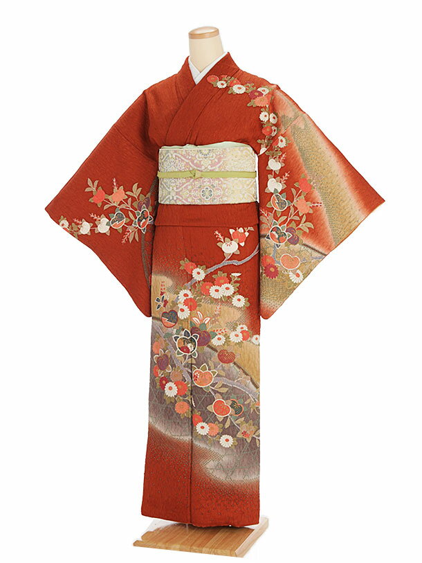 訪問着 レンタル 正絹 訪問着 レンタル t390 れんが色 小菊と橘 お宮参り 貸衣装 お茶会 新品足袋プレ..