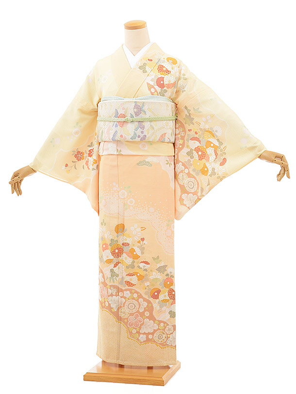 夏 サマー 夏訪問着レンタル 絽 826 ジャパンスタイル たまご色 雲取り菊(化繊) 新品足袋プレゼント 入..