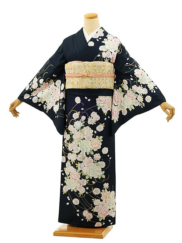 訪問着レンタルtc898 紺地バラ(化繊) 新品足袋プレゼント 訪問着 レンタル　入学式 結婚式 お宮参り 衣装 着物 レンタル 付下げ 訪問着 レンタル 訪問着 往復送料無料 訪問着 セット 貸衣装 【レンタル】