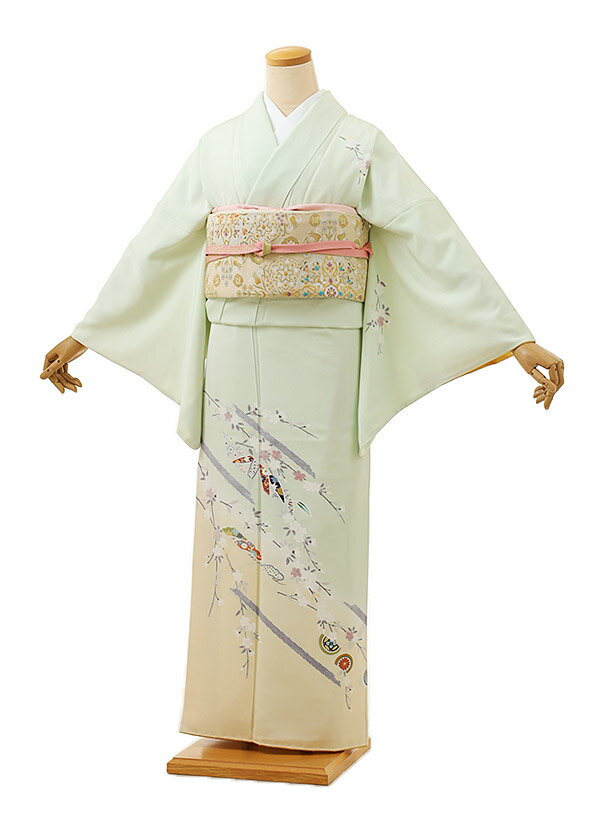 訪問着レンタル t993 淡緑色裾クリーム熨斗に桜 正絹 新品足袋プレゼント 入学式 結婚式 お宮参り 七五三 お茶会 付下げ 訪問着 レンタル 往復送料無料 訪問着 セット rental 貸衣装 【レンタル】