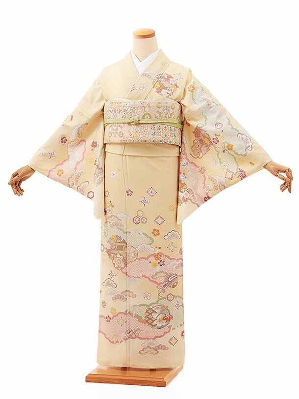 訪問着レンタル t1046 JAPANSTYLE クリーム色松竹梅(化繊) 新品足袋プレゼント 入学式 結婚式 お宮参り 七五三 お茶会 付下げ 往復送料無料 貸衣装【レンタル】