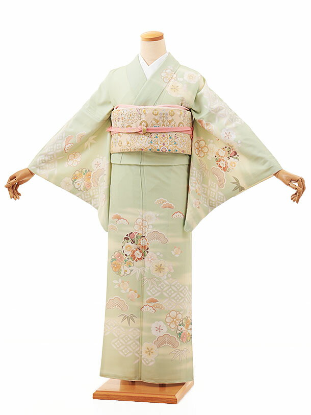 Rakuten - 訪問着レンタル t1047 JAPANSTYLE ヒワ色松竹梅(化繊) 新品足袋プレゼント 入学式 結婚式 お宮参り 七五三 お茶会 付下げ 往復送料無料 貸衣装【レンタル】