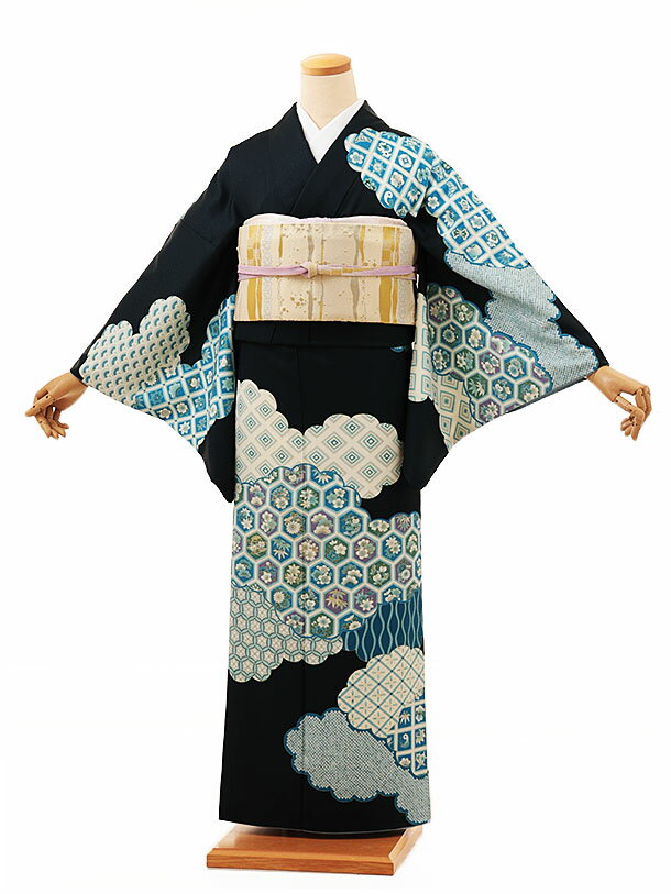 訪問着レンタル t1085 紺地雲取り吉祥文様(化繊) 新品足袋プレゼント 入学式 結婚式 お宮参り 七五三 お茶会 付下げ 往復送料無料 貸衣装【レンタル】