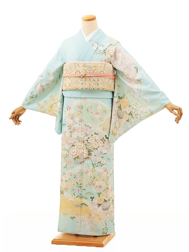 乐天商城 - 訪問着レンタル tQ1122 水色花かご(化繊) 新品足袋プレゼント 入学式 結婚式 お宮参り 七五三 お茶会 付下げ 往復送料無料 貸衣装【レンタル】