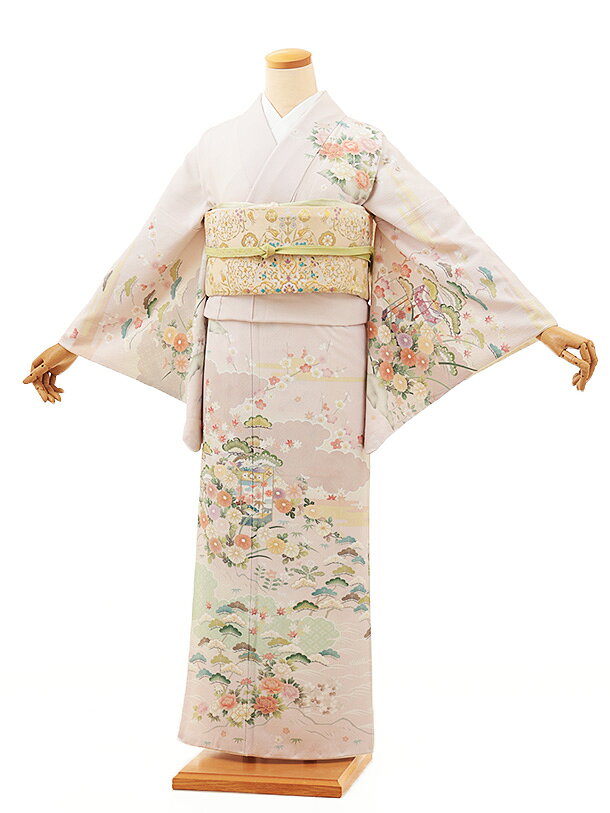 訪問着レンタル t1126 薄ピンク貝桶に四季花(化繊) 新品足袋プレゼント 入学式 結婚式 お宮参り 七五三 お茶会 付下げ 往復送料無料 貸衣装【レンタル】