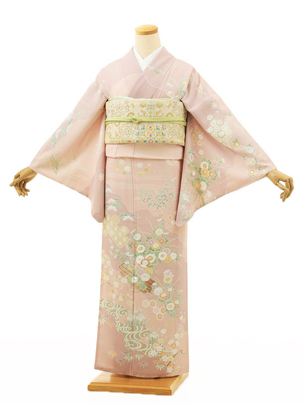 訪問着レンタル t1140 ピンクパープル地雲取りに小菊(化繊) 新品足袋プレゼント 入...