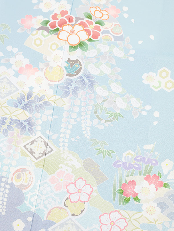 訪問着レンタル t1219 水色裾グレーパープル 四季花(化繊) 新品足袋プレゼント 入学式 結婚式 お宮参り 七五三 お茶会 付下げ 往復送料無料 貸衣装【レンタル】