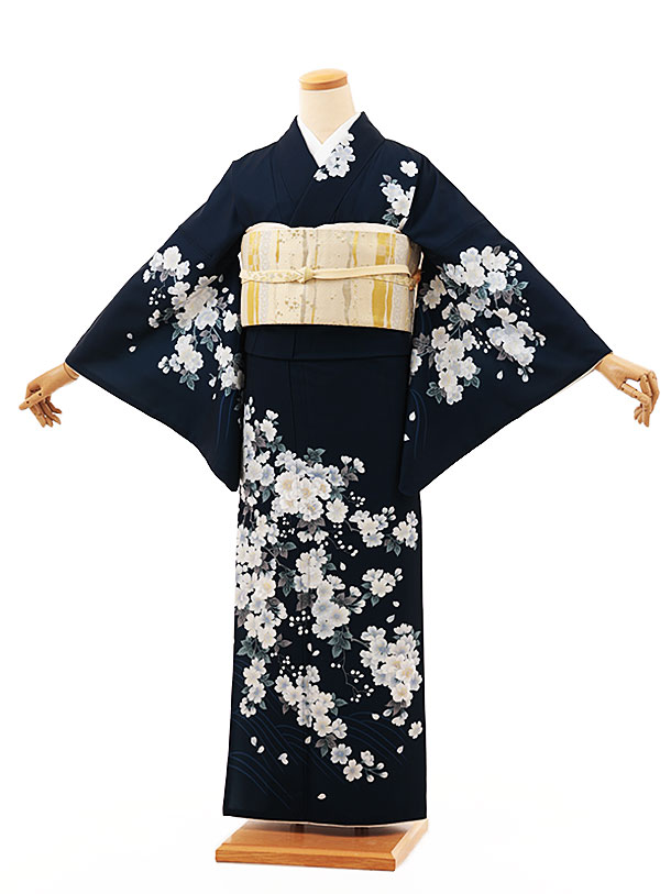 Rakuten - 訪問着レンタル t1241 紺地 桜(化繊) 新品足袋プレゼント 入学式 結婚式 お宮参り 七五三 お茶会 付下げ 往復送料無料 貸衣装【レンタル】