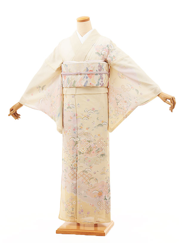 Rakuten - 夏 サマー 夏訪問着レンタル 絽 t1257 絽 薄クリーム 四季花(化繊) 新品足袋プレゼント 入学式 結婚式 お宮参り 七五三 お茶会 付下げ 往復送料無料 貸衣装【レンタル】