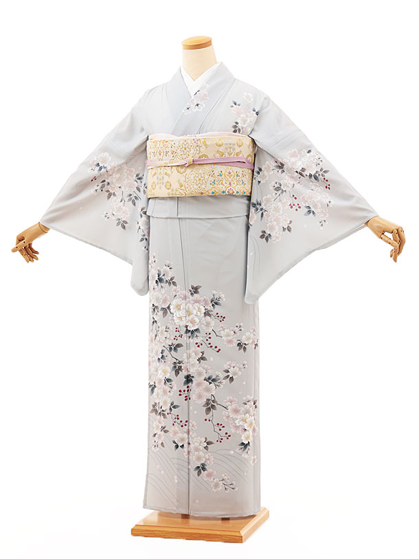 夏 サマー 夏訪問着レンタル 単衣 1270 グレー地 枝花(化繊) 新品足袋プレゼント 入学式 結