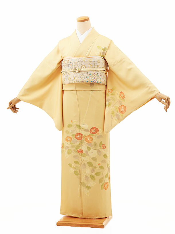 訪問着レンタル t1272 薄からし色 椿(正絹) 正絹 新品足袋プレゼント 入学式 結婚式 お宮参り 七五三 お茶会 付下げ 往復送料無料 貸衣装【レンタル】