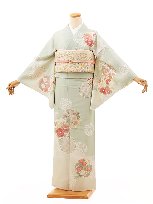 乐天商城 - 訪問着レンタル t1284 JAPAN STYLE 薄ヒワ色 雪輪菊(化繊) 新品足袋プレゼント 入学式 結婚式 お宮参り 七五三 お茶会 付下げ 往復送料無料 貸衣装【レンタル】