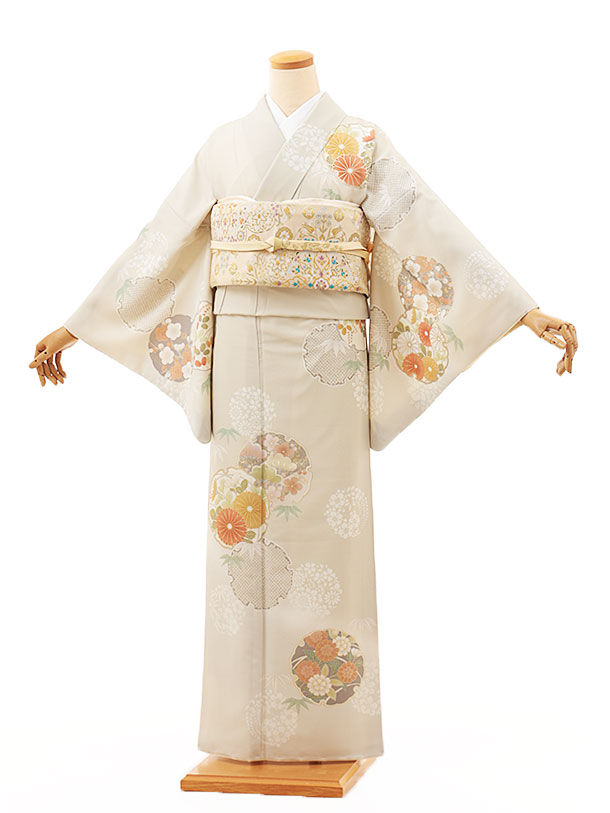 Rakuten - 訪問着レンタル t1286 JAPAN STYLE ベージュ 雪輪菊(化繊) 新品足袋プレゼント 入学式 結婚式 お宮参り 七五三 お茶会 付下げ 往復送料無料 貸衣装【レンタル】