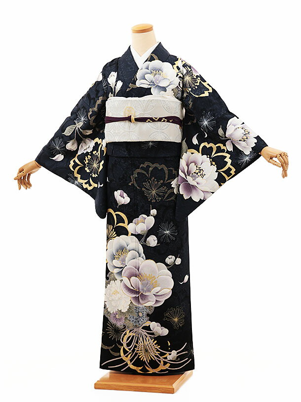 訪問着レンタル t1300 紺ぼかし 雪輪花(化繊) 新品足袋プレゼント 入学式 結婚式 ...