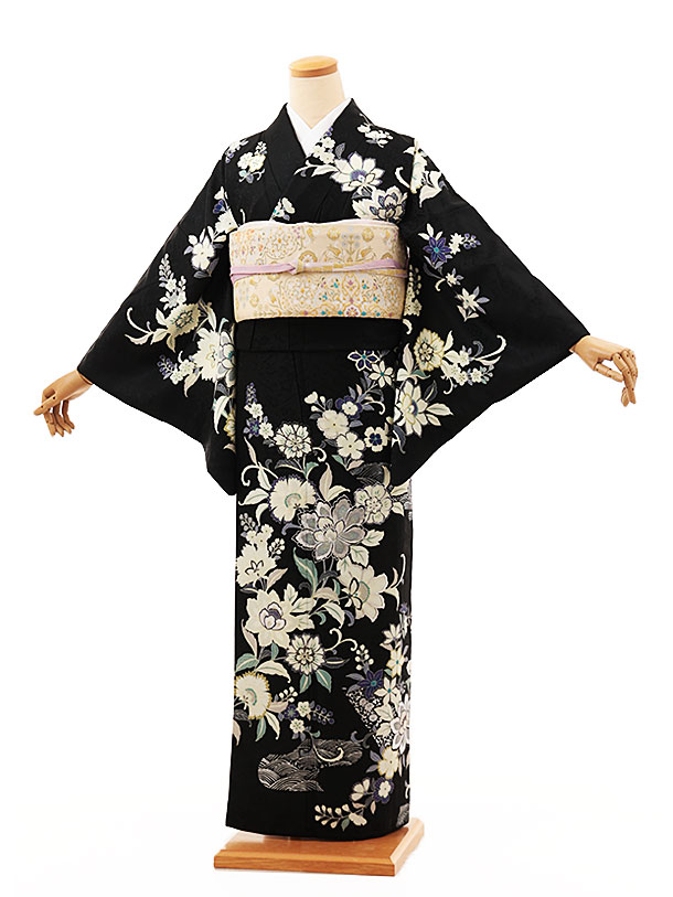 訪問着レンタル t1303 黒地 花(化繊) 新品足袋プレゼント 入学式 結婚式 お宮参り 七五三 お茶会 付下げ 往復送料無料 貸衣装【レンタル】