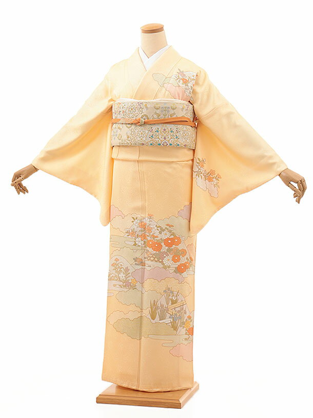訪問着レンタル t1363 藤井 寛 瑞祥友禅 たまご色 雲 かすみ花 正絹 新品足袋プレゼント 入学式 結婚式..
