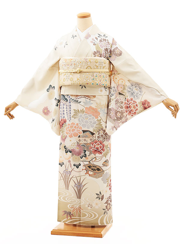 Rakuten - 訪問着レンタル t1377 クリームベージュ貝桶に四季花(化繊) 新品足袋プレゼント 入学式 結婚式 お宮参り 七五三 お茶会 付下げ 往復送料無料 貸衣装【レンタル】