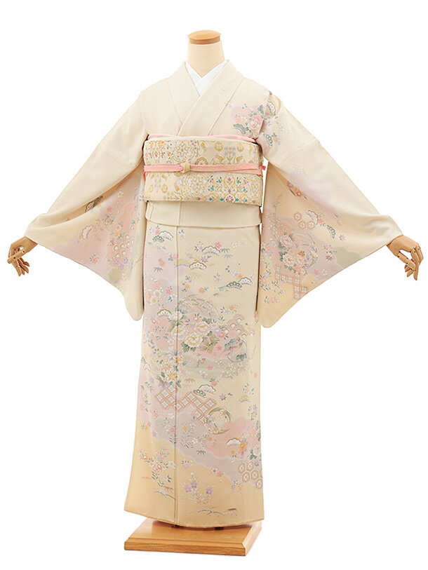 乐天商城 - 訪問着レンタル tQ1383 クリームベージュぼかし雲取りに四季花(化繊) 新品足袋プレゼント 入学式 結婚式 お宮参り 七五三 お茶会 付下げ 往復送料無料 貸衣装【レンタル】