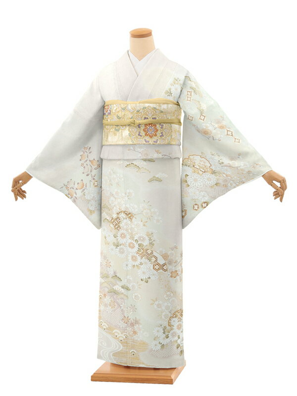 乐天商城 - 訪問着レンタル t1403 薄グレージュ 扇絵に菊花(化繊) 新品足袋プレゼント 入学式 結婚式 お宮参り 七五三 お茶会 付下げ 往復送料無料 貸衣装【レンタル】