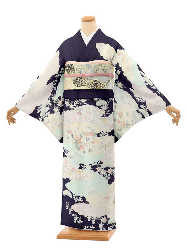 Rakuten - 訪問着レンタル t1405 紫地 雲取り 四季花(化繊) 新品足袋プレゼント 入学式 結婚式 お宮参り 七五三 お茶会 付下げ 往復送料無料 貸衣装【レンタル】
