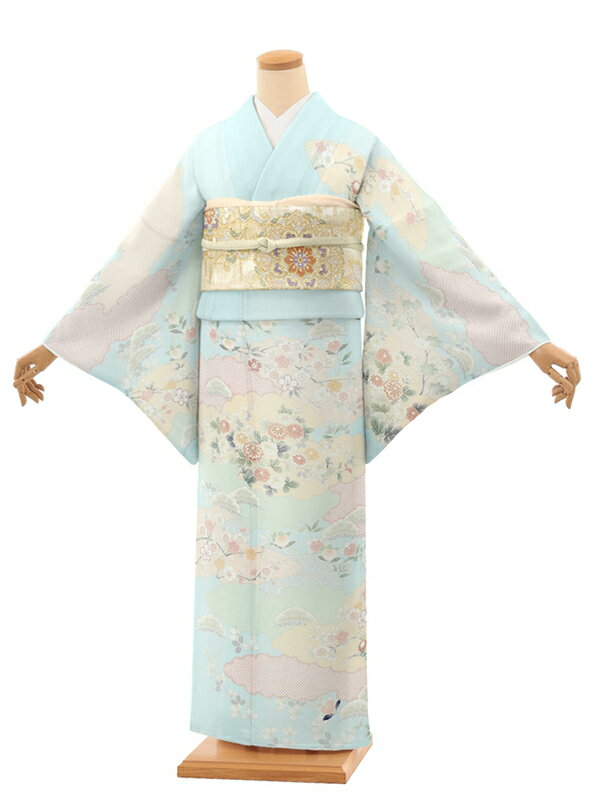 訪問着レンタル t1406 水色地 雲取り 四季花(化繊) 新品足袋プレゼント 入学式 結婚式 お宮参り 七五三 お茶会 付下げ 往復送料無料 貸衣装【レンタル】