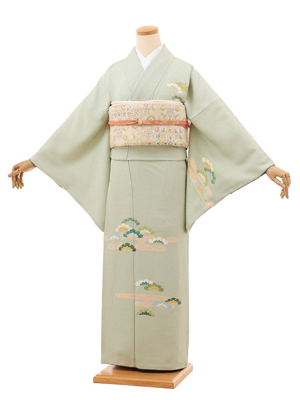訪問着レンタル t1439 山葵色 かすみに松 正絹 新品足袋プレゼント 入学式 結婚式 お宮参り 七五三 お茶会 付下げ 往復送料無料 貸衣装【レンタル】(4.0)