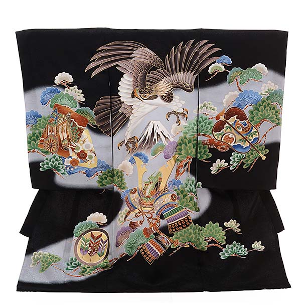 お宮参り 産着 レンタル 男の子 1382 黒地 かぶと 鷹 正絹 着物 産着 男児産着レンタル 着物 レンタル ..