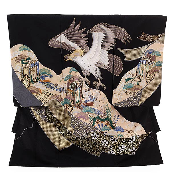 お宮参り 産着 レンタル 男の子 1387 黒地 御所車に鷹 正絹 着物 産着 男児産着レンタル 着物 レンタル..