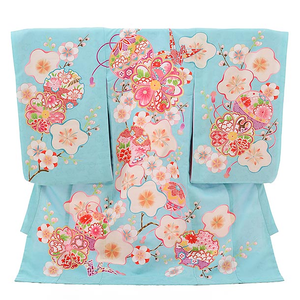 お宮参り 産着 レンタル 女の子 1284 水色地 雪輪 まり 梅 着物 産着 女児産着レンタル 着物 レンタル ..