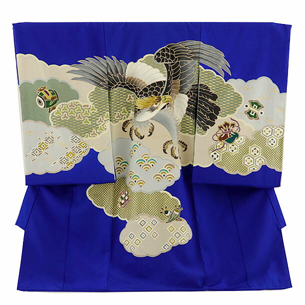 お宮参り 産着 レンタル 男の子 男児産着 お宮参りレンタル1755【高級正絹】ブルー地 雲取 鷹 男児 祝着 初着セット 記念撮影 赤ちゃん 往復送料無料【レンタル】