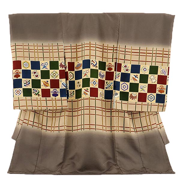 お宮参り 産着 レンタル 男の子 1913【高級正絹】モカ茶 格子 宝尽くし 着物 産着 男児産着レンタル 着..