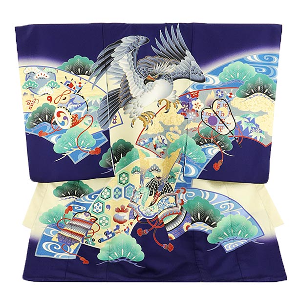 お宮参り 産着 レンタル 男の子 1937　紺地　鷹と兜 着物 産着 男児産着レンタル 着物 レンタル 記念撮影 赤ちゃん 着物 祝着レンタル お宮参り 宮参り 祝着 産着 初着 産着 男の子 ベビー服 初着セット 往復送料無料 【レンタル】