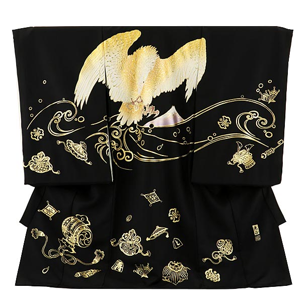 お宮参り 産着 レンタル 男の子 1950(高級正絹) 和田光正 黒地 鷹に富士 金彩 着物 産着 男児産着レン..