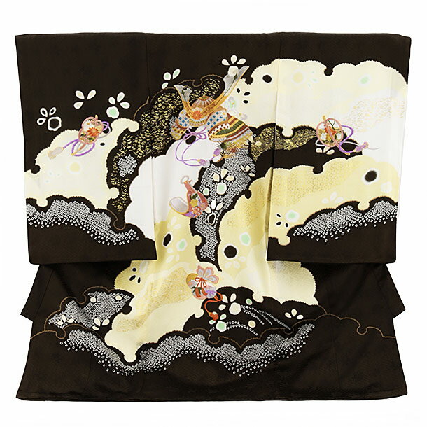 産着 レンタル 男の子 お宮参り 男児産着レンタル 2230 茶色地 刺繍兜に雲取り 正絹 着物 レンタル 赤..