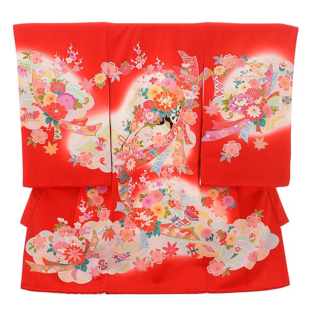 お宮参り 産着 レンタル 高級産着 女の子 1689 正絹 赤地 花車に熨斗 正絹 着物 女児産着レンタル 着物..