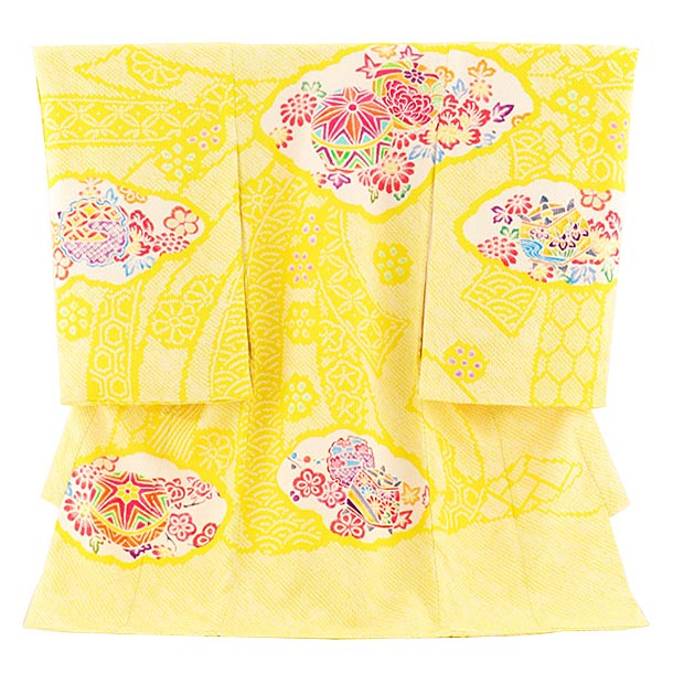 お宮参り 産着 レンタル 高級産着 女の子 1993　正絹 黄色 束ね熨斗に鞠 着物 女児産着レンタル 着物レ..