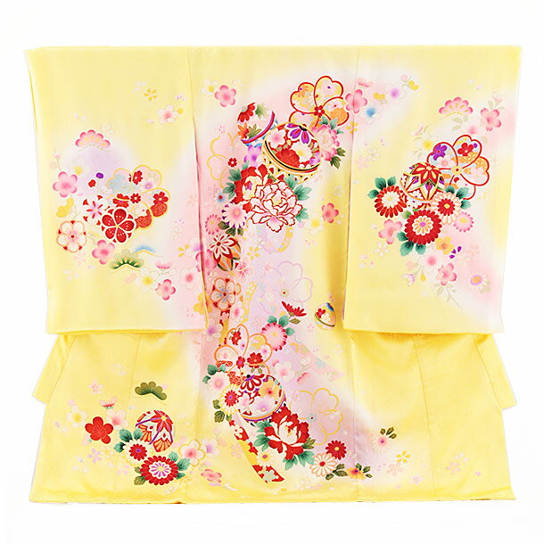 お宮参り 産着 レンタル 女の子 2263 淡黄色地 まり 鈴 花 着物 産着 女児産着レンタル 着物 レンタル ..