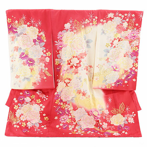 お宮参り 産着 レンタル 女の子 2286 ローズピンク地　バラに蝶 正絹 着物 産着 女児産着レン