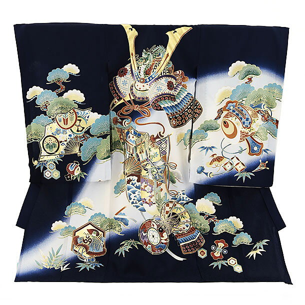 【夏用】 お宮参り 産着 レンタル 男の子 男児産着 2466 単衣 紺地 兜に扇 鼓 男児 祝着 初着セット サ..