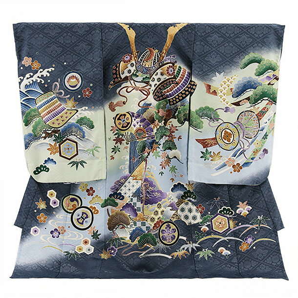 【夏用】 お宮参り 産着 レンタル 男の子 男児産着 2672 単衣 ブルーグレー 兜に松 男児 祝着 初着セッ..