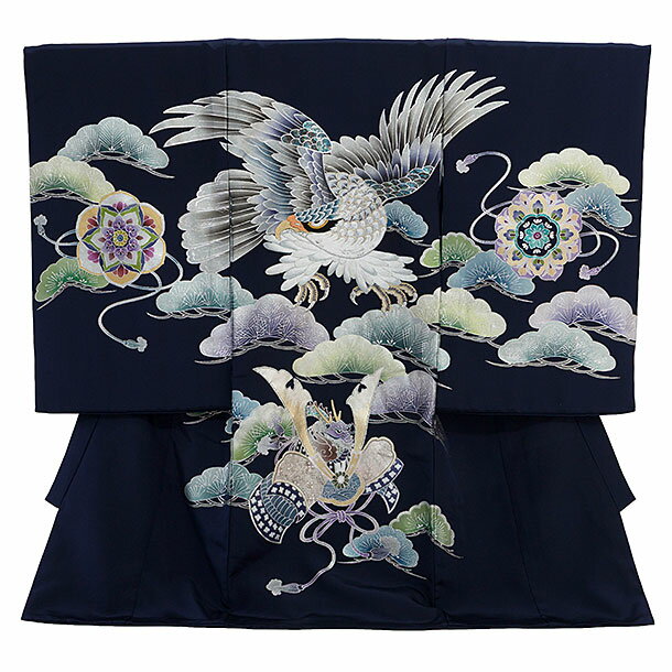 お宮参り 産着 レンタル 男の子 男児産着 お宮参りレンタル2828【正絹】紺地 鷹 兜 松 男児 祝着 初着..