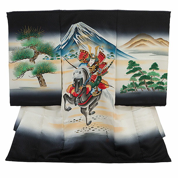 お宮参り 産着 レンタル 男の子 男児産着 お宮参りレンタル2830【正絹】黒地 手描武者に富士 男児 祝着..