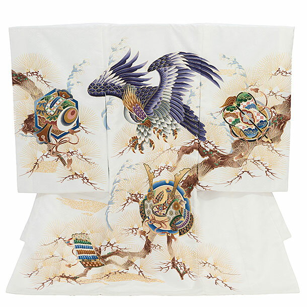 お宮参り 産着 レンタル 男の子 男児産着 お宮参りレンタル2865 白地 鷹と兜 松 男児 祝着 初着セット ..