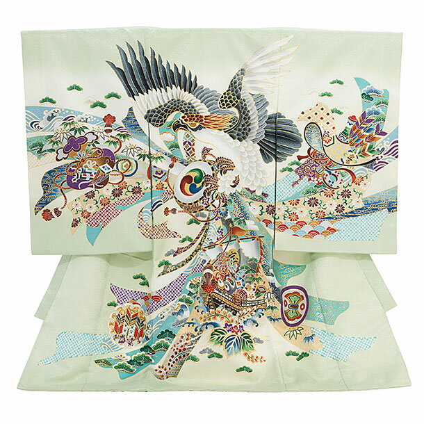 お宮参り 産着 レンタル 男の子 男児産着 お宮参りレンタル2918 ヒワ色 鷹に熨斗 宝船 男児 祝着 初着..