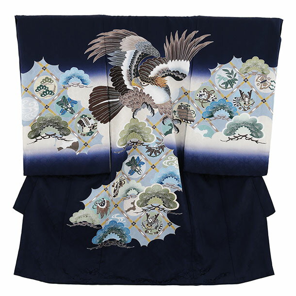 お宮参り 産着 レンタル 男の子 男児産着 お宮参りレンタル2930【正絹】青地 鷹 格子に丸紋 男児 祝着 ..