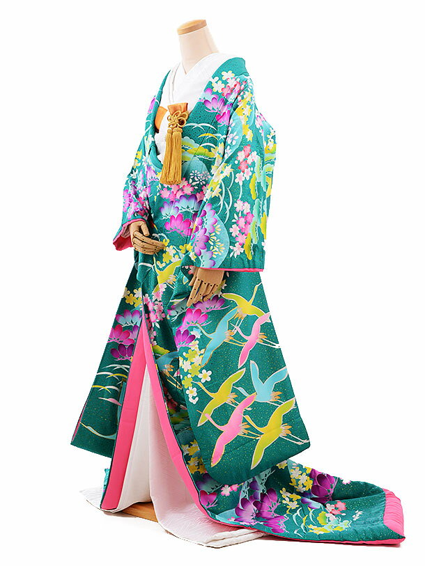 色打掛 レンタル E177 グリーン地 グリッター 花鶴 結婚式 和婚 ブライダル 神前式 神社 色打掛レンタル 着物 レンタル 花嫁衣裳 レンタル 色打掛フルセットレンタル【レンタル】