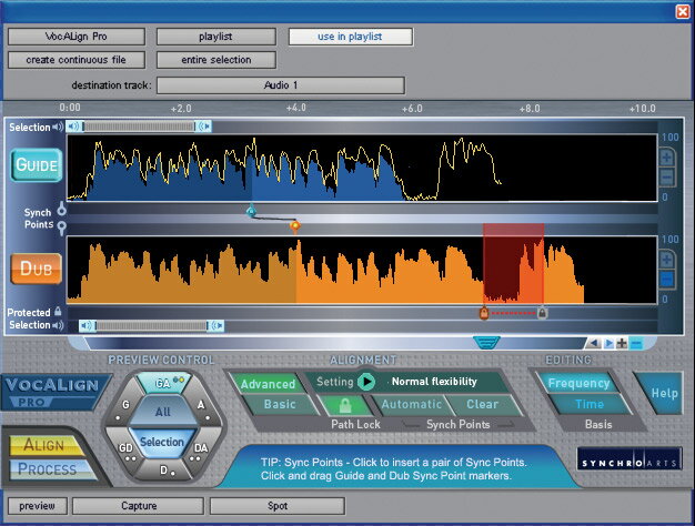 ダイアログ、ボーカル、インストゥルメントのタイムアラインメント・タスクに最大のパワーを Synchro ArtsのVocALign PRO は、ユニークな自動オーディオ・アラインメント・プラグインであるVocALign の、さらにパワフルなニュー・バージョンです。業界標準であるPro Tools環境内でAudioSuiteプラグインとして動作し、オーディオ及びポスト・プロダクション、マルチメディアのプロフェッショナルへ、オーディオ・アラインメント作業を素早く実行できる自由度とパワーを提供します。 VocALign PRO は、オーディオ・シグナルを自動的に伸張/圧縮して別のオーディオのタイミング・パターンへマッチさせることが可能であり、時間とコストをセーブします。 ポスト・プロダションやマルチメディアのプロは、ダイアログのビデオへの同期や、外国語映画の吹き替え、フォーリーや効果音トラックのタイミング調整、ダブルトラッキングしたボーカルやインストゥルメント・トラックのタイミング補正、音楽トラック同士のタイミングの微調整、ミュージック・ビデオへ完璧にリップシンクしたパフォーマンスの制作などにおいて、VocALign PROを活用できます。オーディオ・エンジニアは、 オーバーダブしたボーカルや楽器パートのアラインメントや、リード/バッキング・ボーカルのタイミングのタイト化、ドラマーの演奏へのドラム・マシンの同期などを、簡単に実行可能。また、VocALign PROにはシンガーやアクターのボーカル・パフォーマンスの音色の劇的な変更や、タイミングの微妙な調整のできる、TimeMod (タイム・コンプレッション/エクスパンション) 機能も搭載されています。 簡単な使用法 VocALign PROには洗練された機能が搭載されていますが、その活用は簡単です。Pro Tools セッション内のオーディオをアラインメントするには、セッションからオリジナル・オーディオ・リージョン(ガイド) と新しいリージョン (ダブ) を選択するだけです。ボタンを押すと、VocALign PRO は音程を変更せずにオーディオを調整。その後、オーディオを希望するトラックへ直接、サンプル精度で戻します。洗練されたパターン適合テクニックによってガイド・トラックのノイズは除去されるため、ボーカル・タレントやシンガー、楽器、サウンドでの作業が、より簡単になります。自由度の設定を変更することで、VocALign Proがオーディオのタイミングを調整する程度も微調整可能。Pro Toolsセッション内でAudioSuiteプラグインで動作するため、プロセッシングは実時間以内で行われます。 先進の機能 VocALignは、長編映画やTVショー、人気の高い音楽レコーディングなどに、10年以上に渡って使用されてきました。VocALign PROには、精度やサウンド・クオリティ、操作性を向上させる、先進の新機能が搭載されています。より洗練された新たなパターン認識アルゴリズムによりアラインメントの精度が向上しており、VocALign Proがオーディオを自動補正した後でアラインメントを微調整するのも、さらに簡単になりました。 また、VocALign PROでは最大シグナル長も長くなっており、最大5分のオーディオを一度にプロセスできます。 VocALign PROには、アラインメントに必要なオーディオをさらにコントールできる、重要なユーザー・オプションも新たに用意されています。ユーザー定義可能なシンク・ポイントにより、2つのシグナルの特定のポイントのペアへ、オーディオ・アラインメントをターゲット可能。プロテクテッド・シグナル・ブロック機能を使えば、置き換え用 (ダブ) シグナルの一部のセクションを、アラインメントの際にタイムコンプレッション/エクスパンションされないように保護することも可能です。また、別のダブ・シグナルに対してアラインメント・パスを再利用できるため、マルチトラック・パフォーマンスのアラインメントも簡単になりました。 新しいプレビュー・コントロールにより、アラインメントの前後のシグナルの一部または全体を、個別もしくは一緒に聞くことも可能になりました。VocALign PROにより、アラインメントされたサウンドも向上するため、編集に必要な時間も短縮されます。改良されたTimeMod (タイム・コンプレッション/エクスパンション) 機能は、単一ピッチのシグナル向けに最適化されていますが、より複雑なシグナルに利用できる、その他のTimeModアルゴリズムもオプションで用意されています。iLokオーソリゼーションの採用により、ライセンス・オーソリゼーションの簡単かつ安全なポータブル性も提供されます。 ニーズに適合 VocALign PROはAudioSuiteプラグインとして使用できるため、Pro Tools software内でシームレスな統合が実現できます。VocALign Proにより、ダブルトラッキングしたボーカルや外国語映画の吹き替えにおける、セッションのオーバーダブや編集作業において膨大な時間と費用を節約可能。 新機能一覧 ・Pro Tools softwareでAudioSuiteプラグインとして動作するため、シンプルな操作とシームレスな統合性 ・ユーザー定義によるシンク・ポイント ・プロテクテッド・シグナル・ブロック ・最長5分のプロセッシング置き換え ・アラインメント・パスの再利用可能 ・包括的なオーディオ・プレビュー機能 ・向上したTime MOD、モノ及びステレオ、リニア・タイム・コンプレッション/エクスパンション・モノ及びステレオ・プロセス OS TDM HD Accel TDM HD TDM VENUE RTAS AudioSuite Mac OS X ○ Windows Vista Windows XP ○ コピー・プロテクション方式：要iLok（別売）